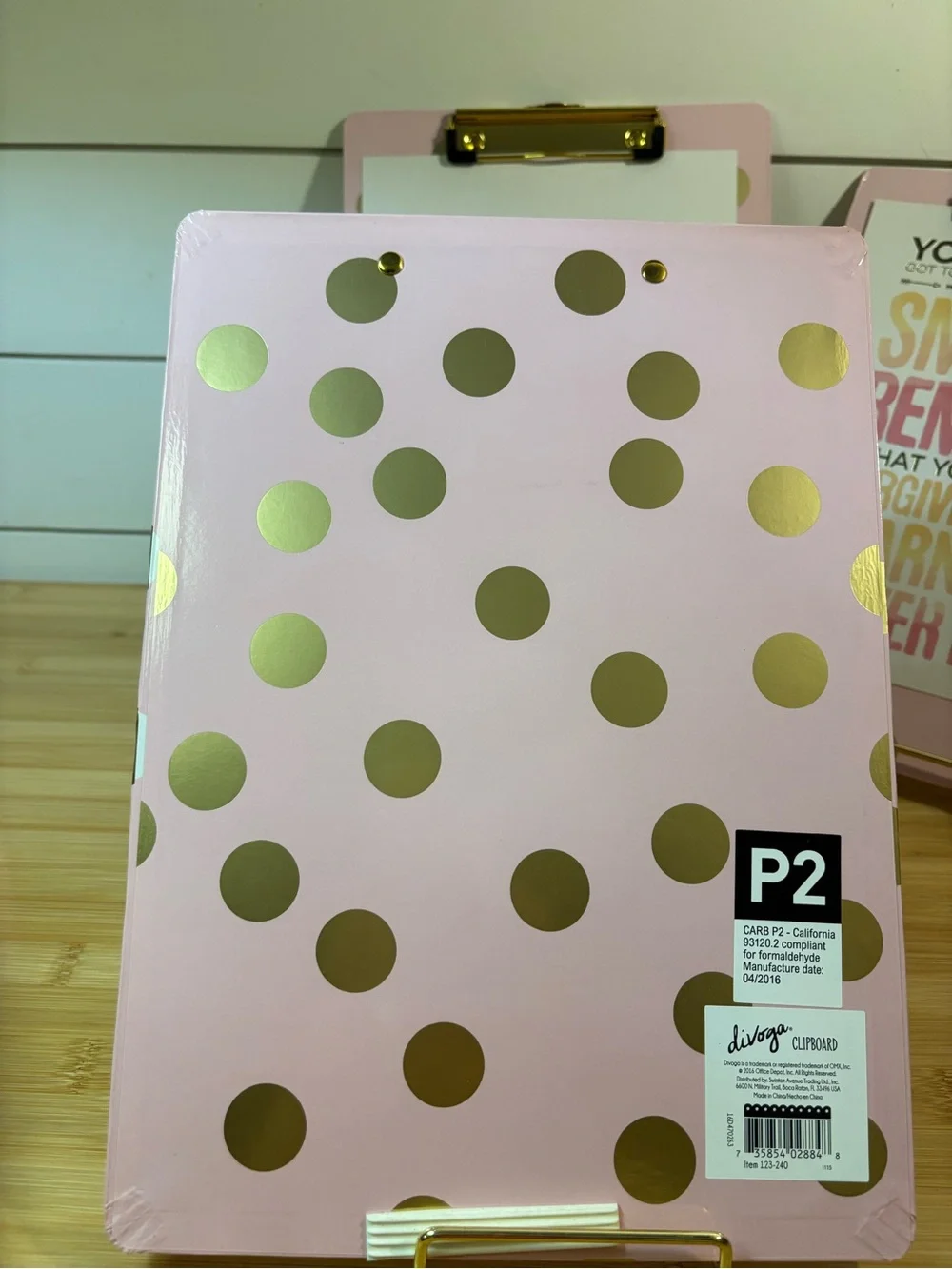 Trio of Pink & Gold Polka Dot Clipboards with Removable Inspirational Qoutes